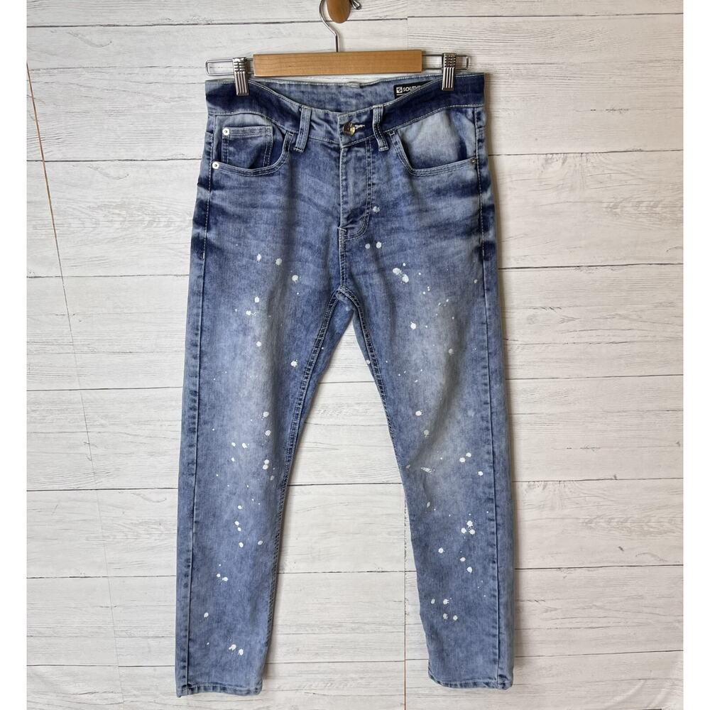 Southpole Jeans Mens Size 29X30 Blue Skinny Paint Splatter Medium Wash Denim